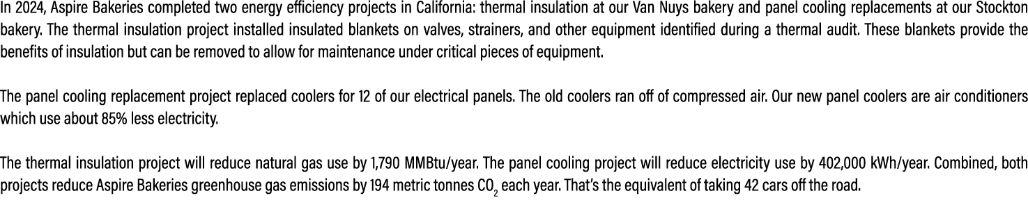 In 2024, Aspire Bakeries completed two energy efficiency projects in California: thermal insulation at our Van Nuys b...
