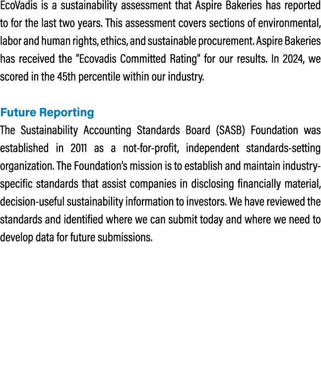 EcoVadis is a sustainability assessment that Aspire Bakeries has reported to for the last two years. This assessment ...